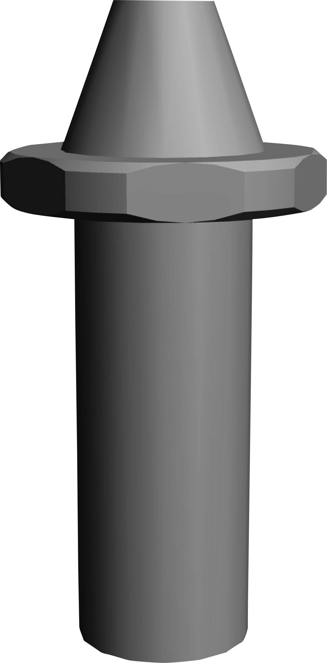Grå 3D-model af en cylindrisk bolt med bred, sekskantede kant og konisk spids.