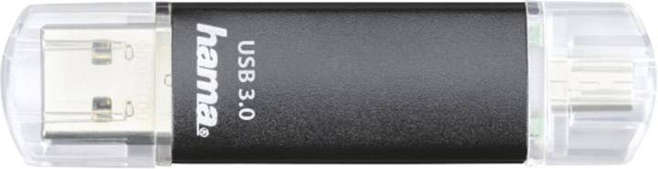 En USB-stick med sort kabinet og påskriften 'hama USB 3.0', med gennemsigtige endekapper.