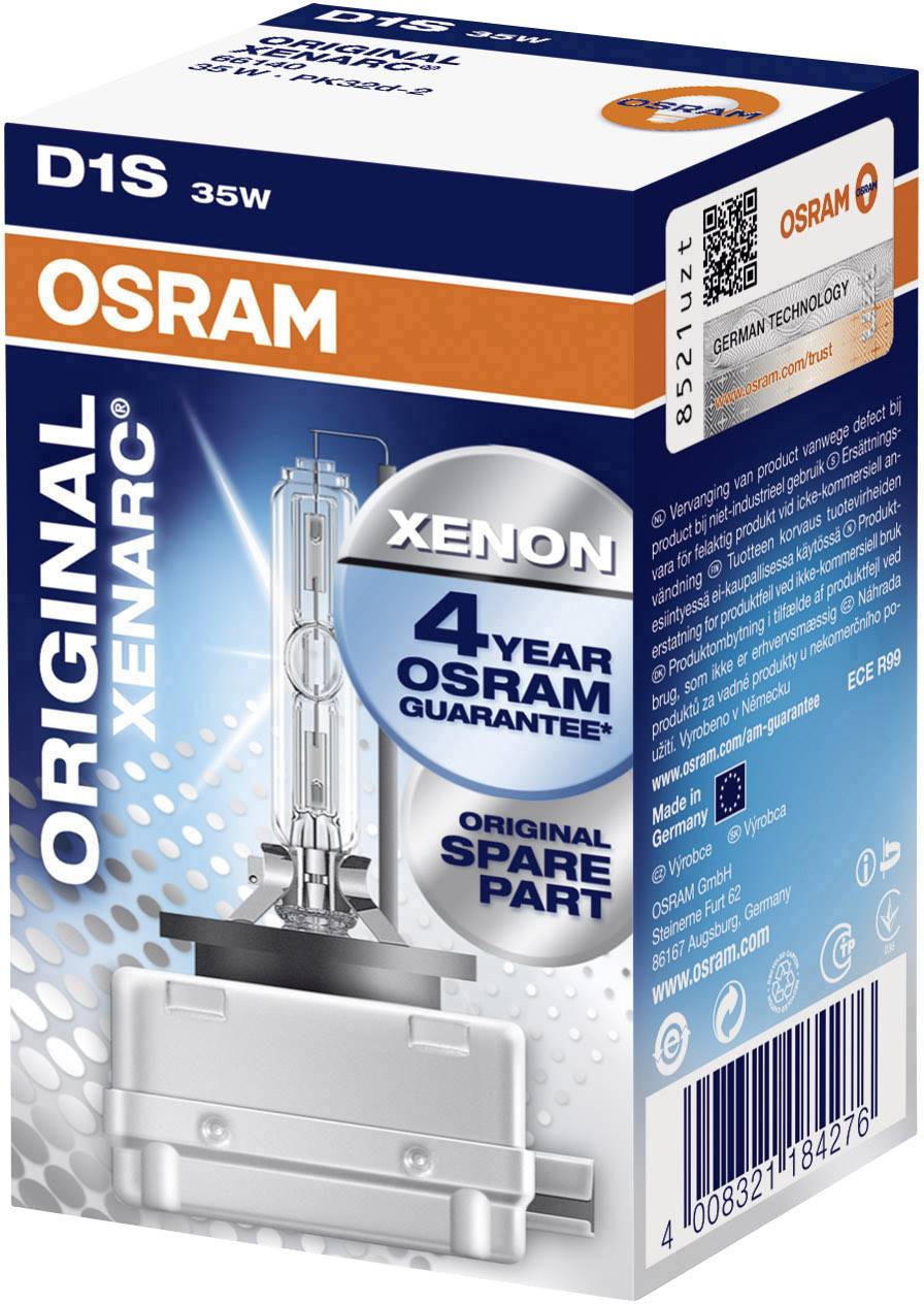En blå emballage til en 'D1S 35W' Xenon-pære fra OSRAM med '4 år OSRAM Garanti' og 'Original Reservedel' påtrykt.
