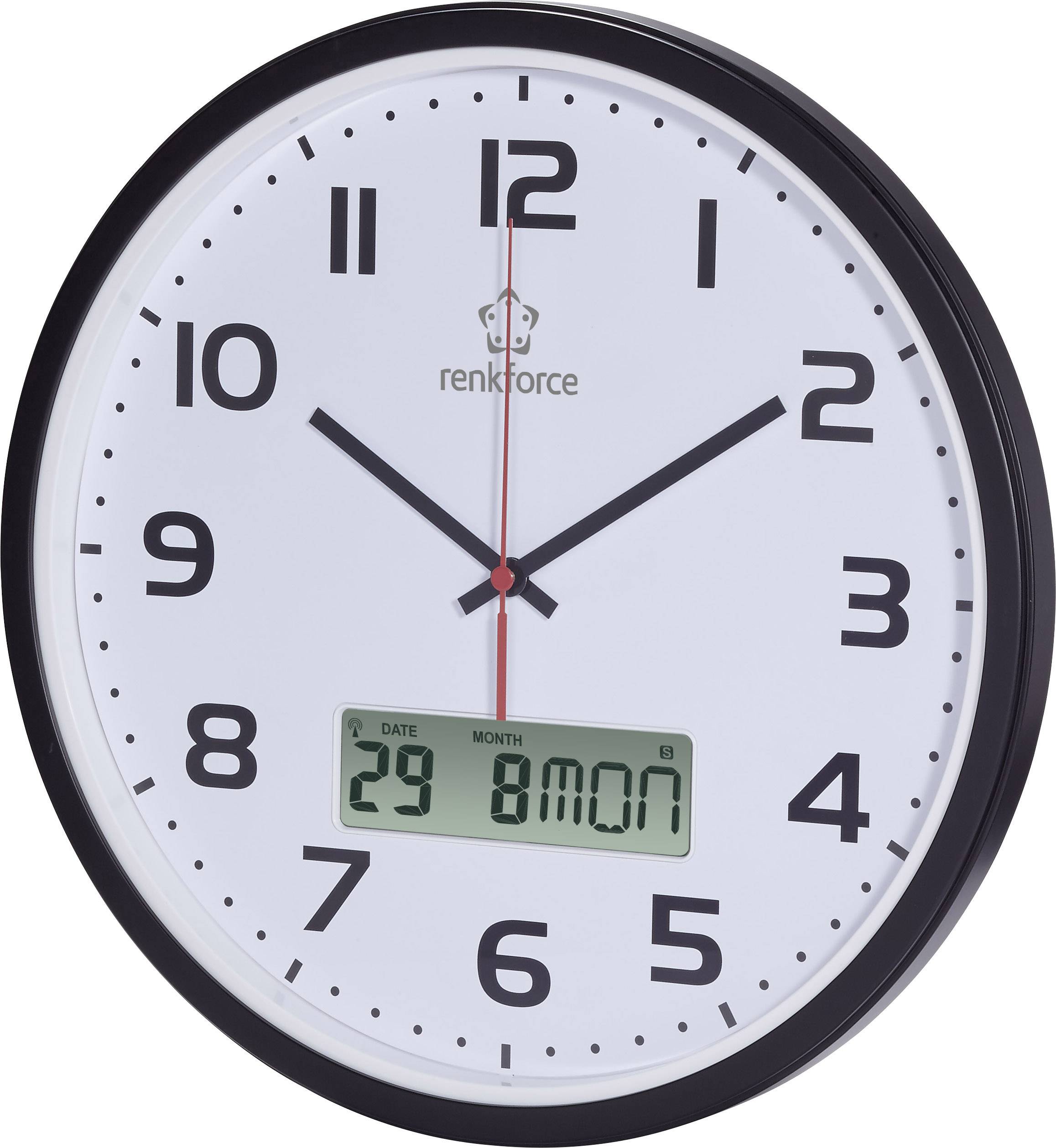 Analog vægur med sort ramme og digitalt display nederst viser datoen '29 8 MAN'. Klokkeslættet er 10:10.