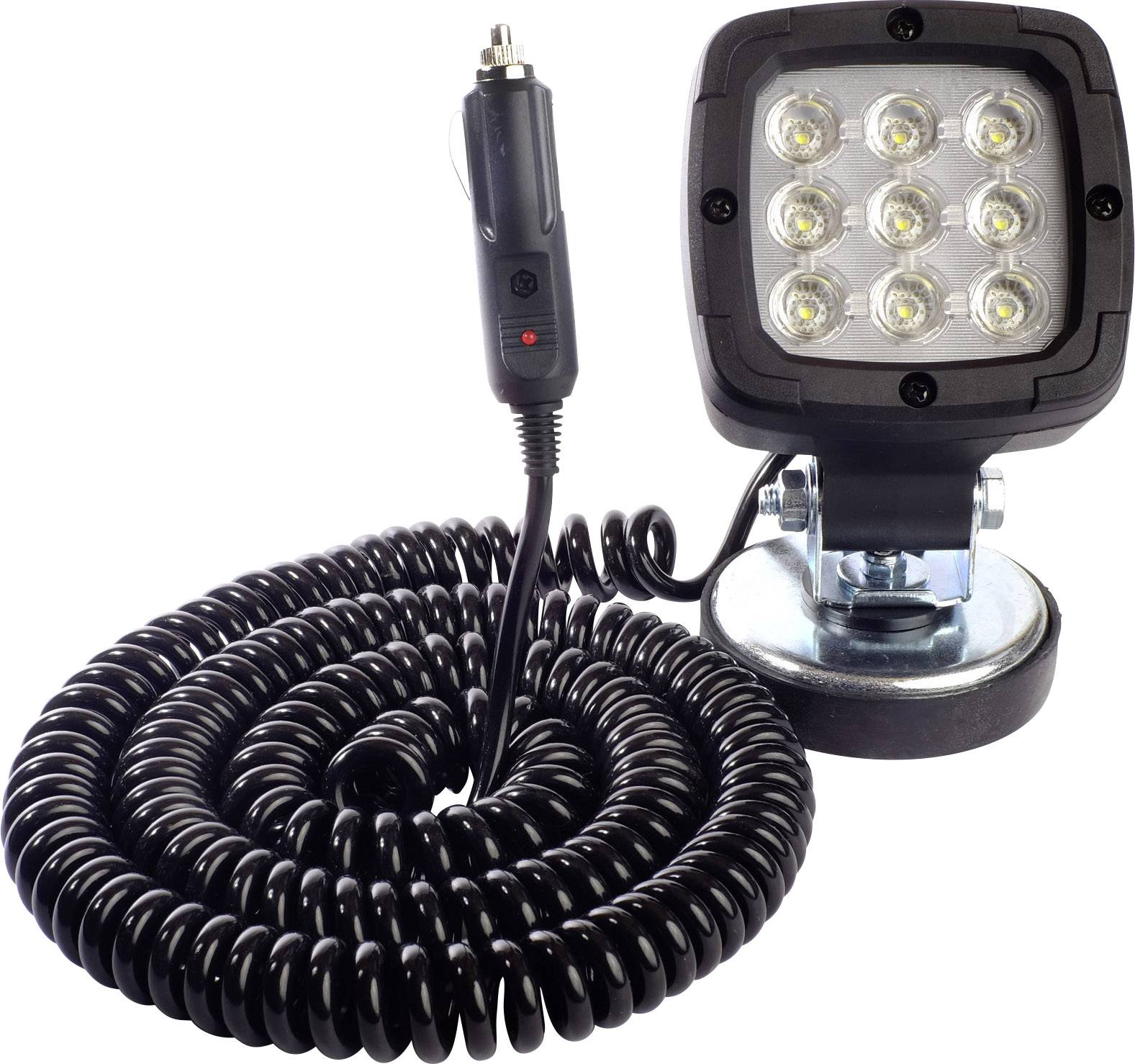 LED-arbejdslampen med spiralkabel er monteret på en magnetsokkel og udstyret med et cigarettænder-stik.