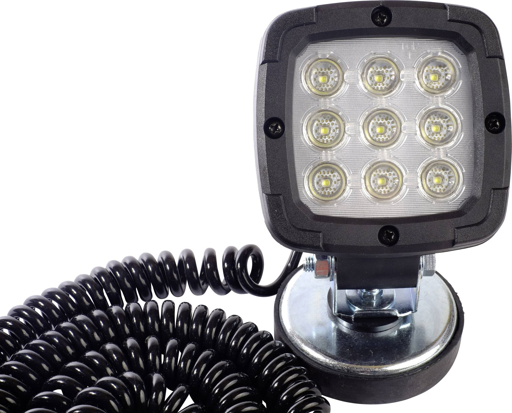 Et firkantet LED-arbejdslys med ni lamper og en lang, krøllet ledning på hvid baggrund.