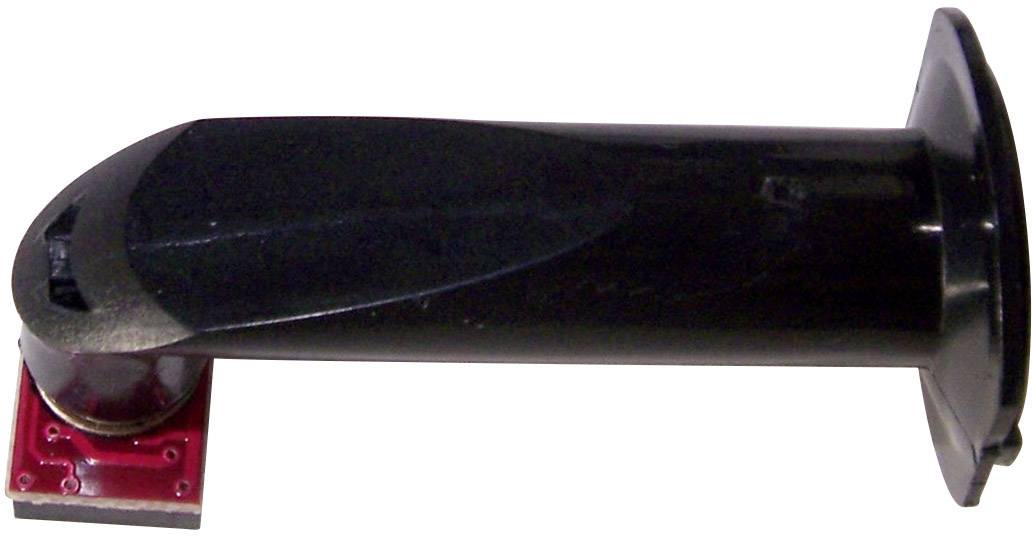 Sort mikroskopisk del i rektangulær form med rød underside, ligger vandret på siden, detaljer utydelige.