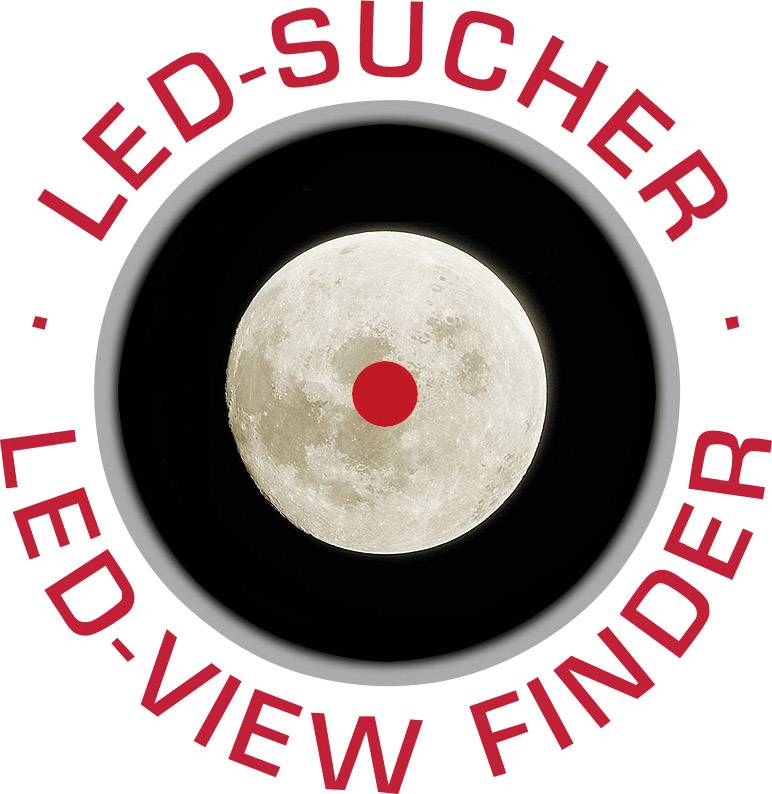 'LED-søger LED-View Finder': Billede af en fuld måne med et rødt punkt i midten, omgivet af en cirkulær tekst.