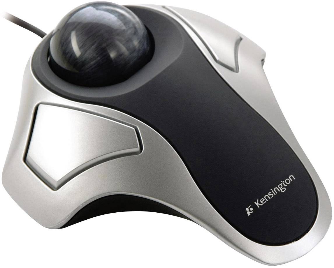 Sølvfarvet trackball fra Kensington, ergonomisk design, stor sort kugle i midten.
