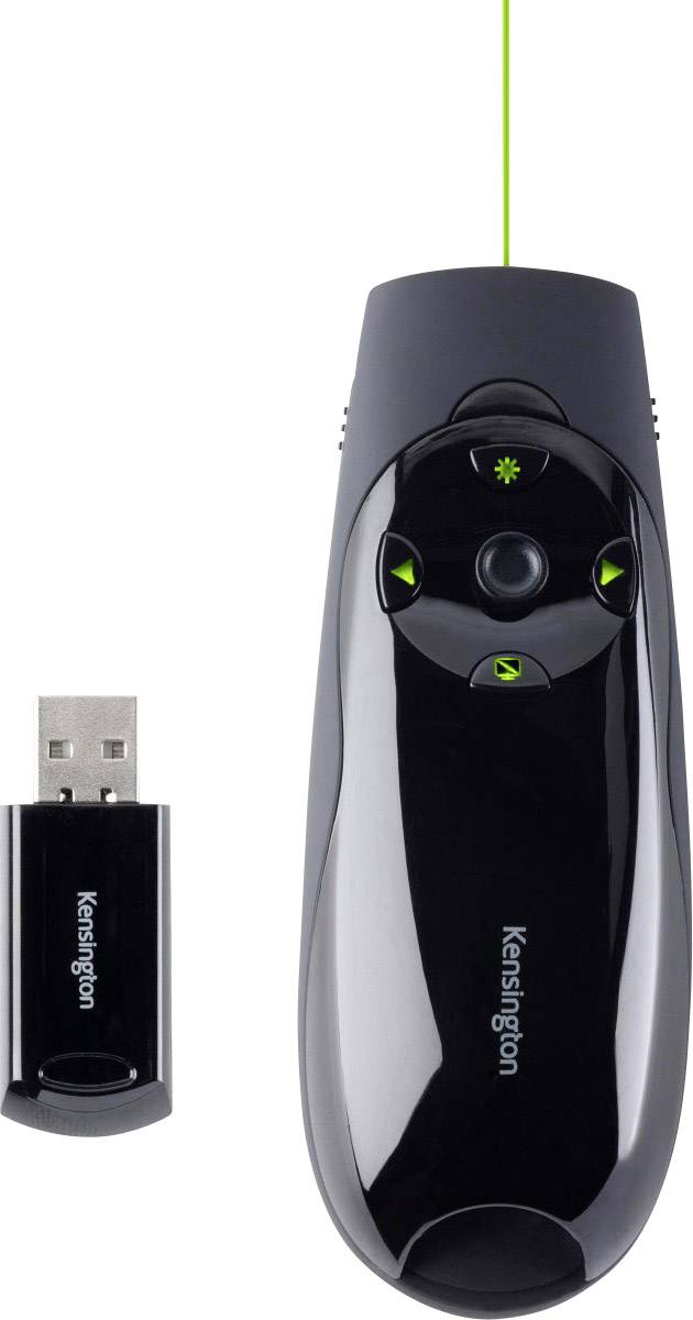 Laserpointer til præsentationer med knapper, inklusiv USB-modtager. Enheden er sort og har piletaster.