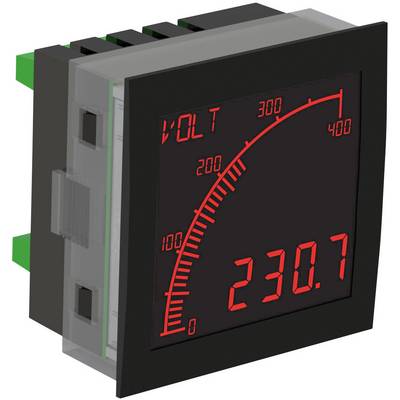 Digitalt voltmeter viser en spænding på 230,7 volt. Rød bue fra 0 til 400 volt med markeringer ved 100, 200 og 300 volt.