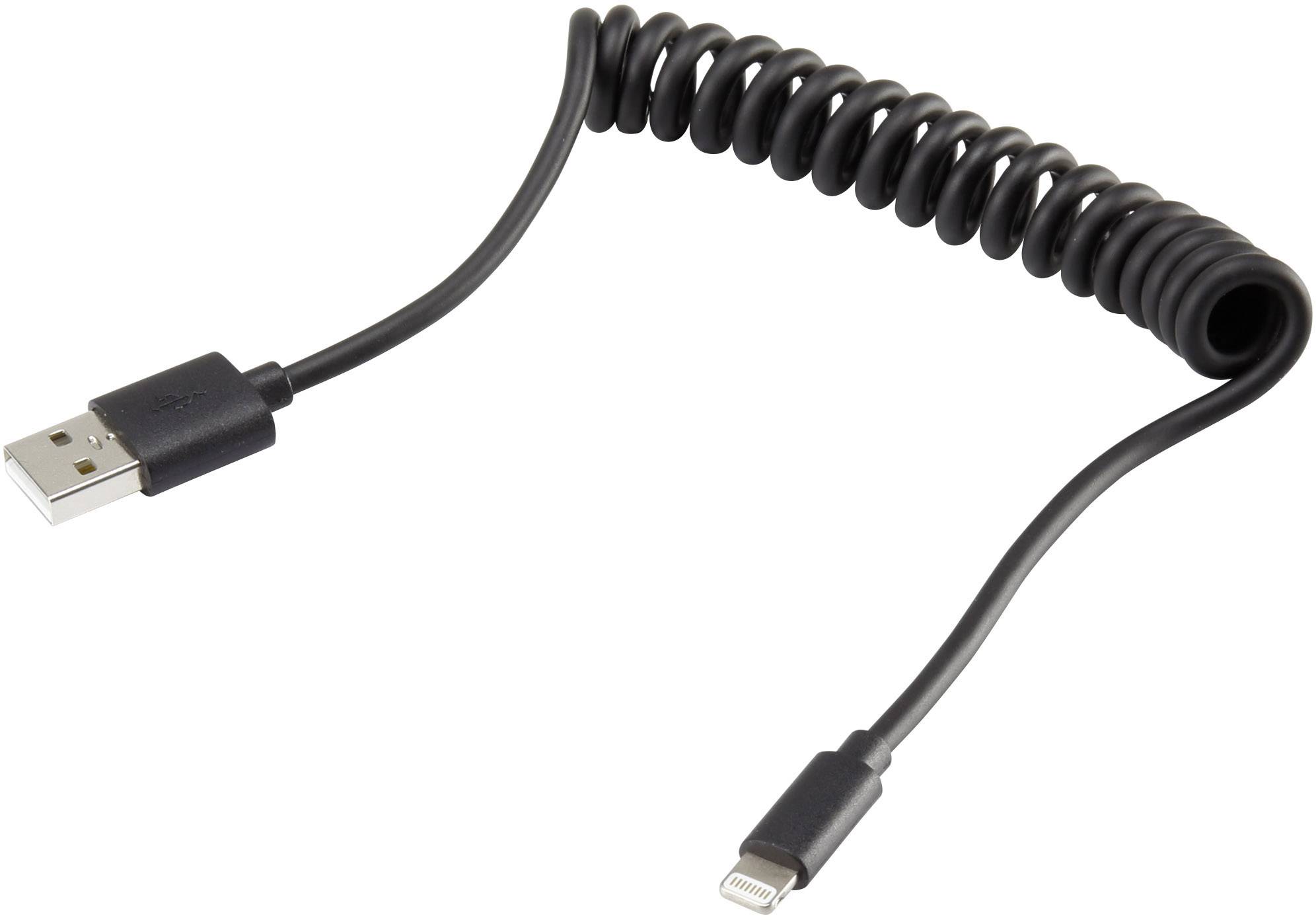 Et sort, spiralformet USB-kabel med en USB-stik på den ene side og en Lightning-stik på den anden side.