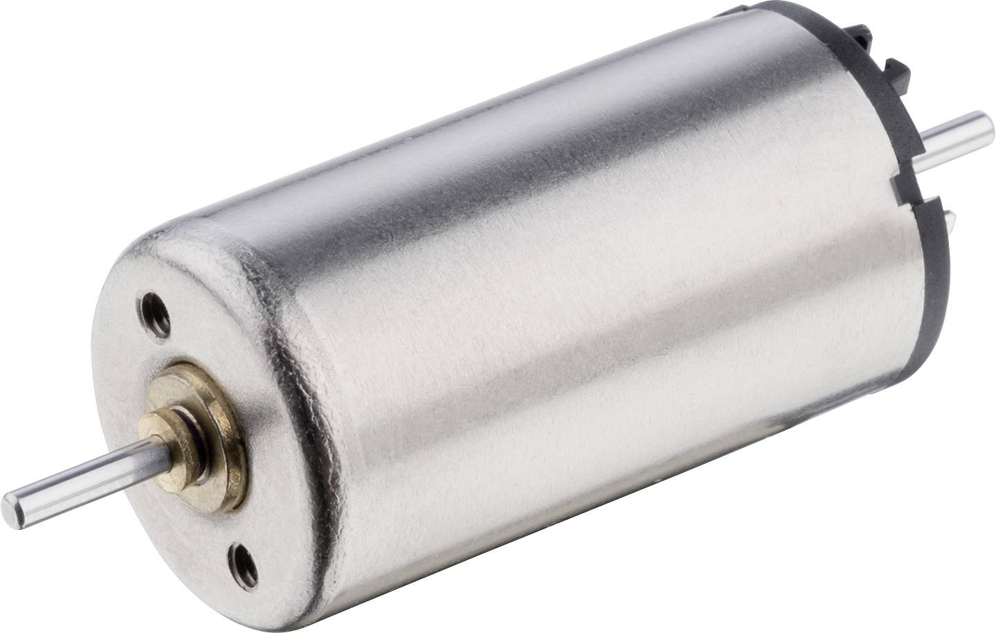 En cylindrisk elektromotor med sølvfarvet hus og to fremstående aksler i begge ender.