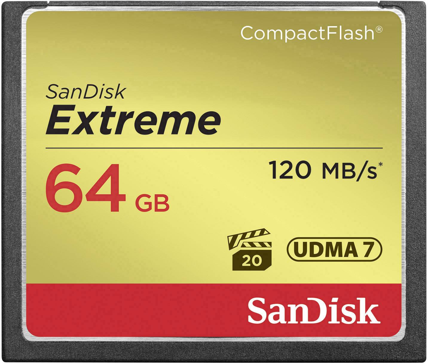 'SanDisk Extreme CompactFlash-kort, 64 GB, 120 MB/s, UDMA 7, VPG-20' står på forsiden af hukommelseskortet.