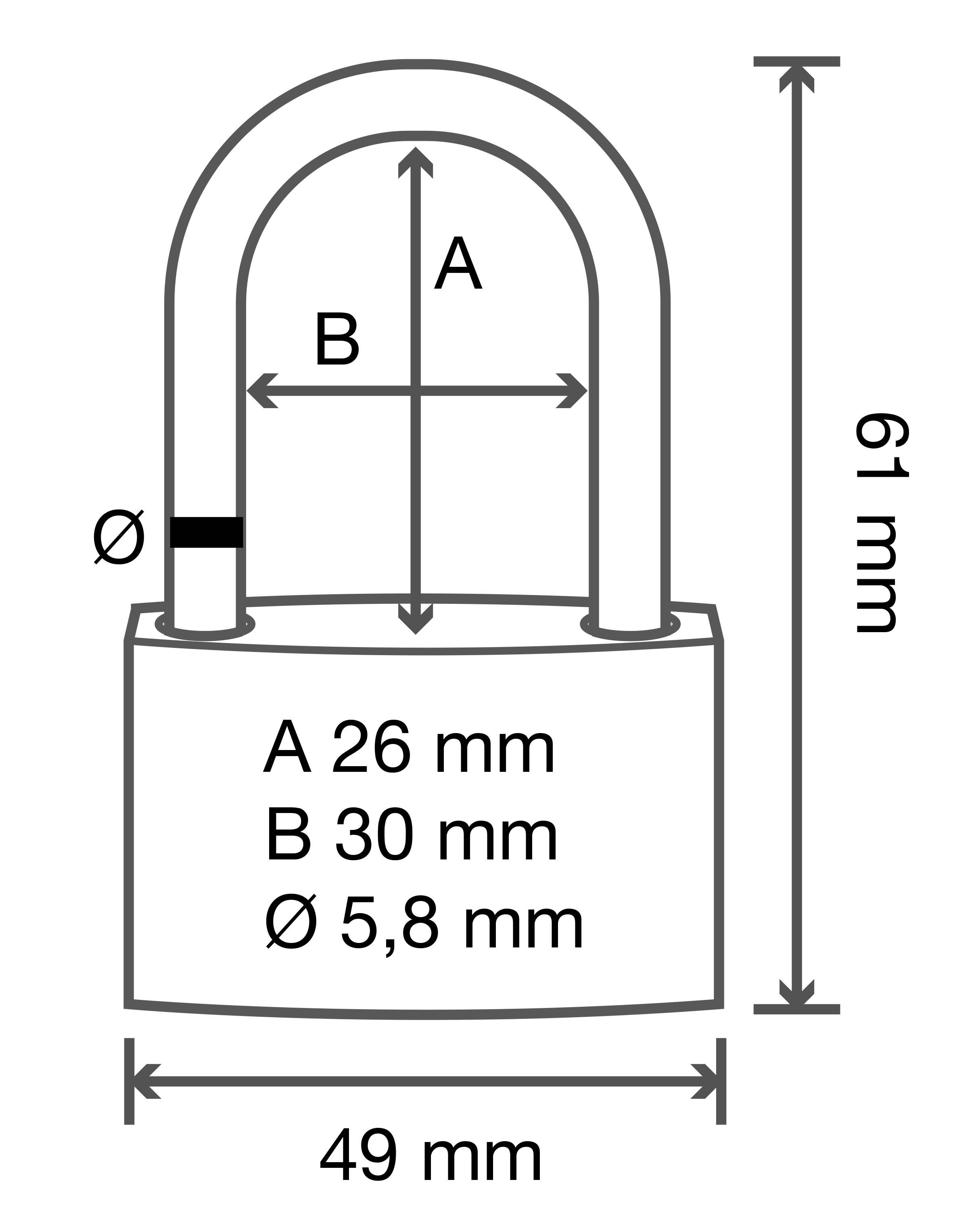 Illustration af en hængelås med dimensioner: Højde 61 mm, bredde 49 mm, indvendig diameter A 26 mm, indvendig diameter B 30 mm, bøjlediameter 5,8 mm.