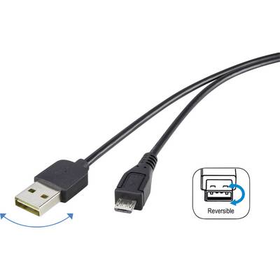 Et USB-kabel med USB-A og Micro-USB-stik; en grafik viser, at USB-A-stikket kan sættes i begge veje.