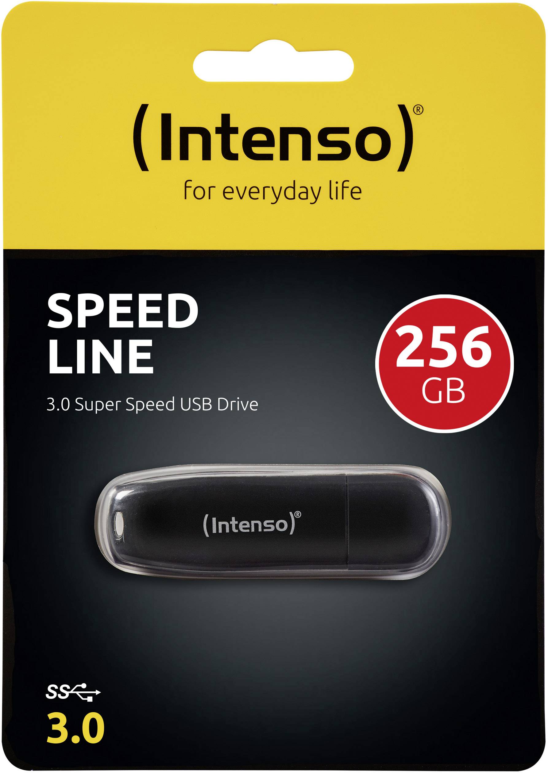 'Intenso' USB-stik 'Speed Line' med 256 GB kapacitet i sort emballage, understøtter USB 3.0 Super Speed.