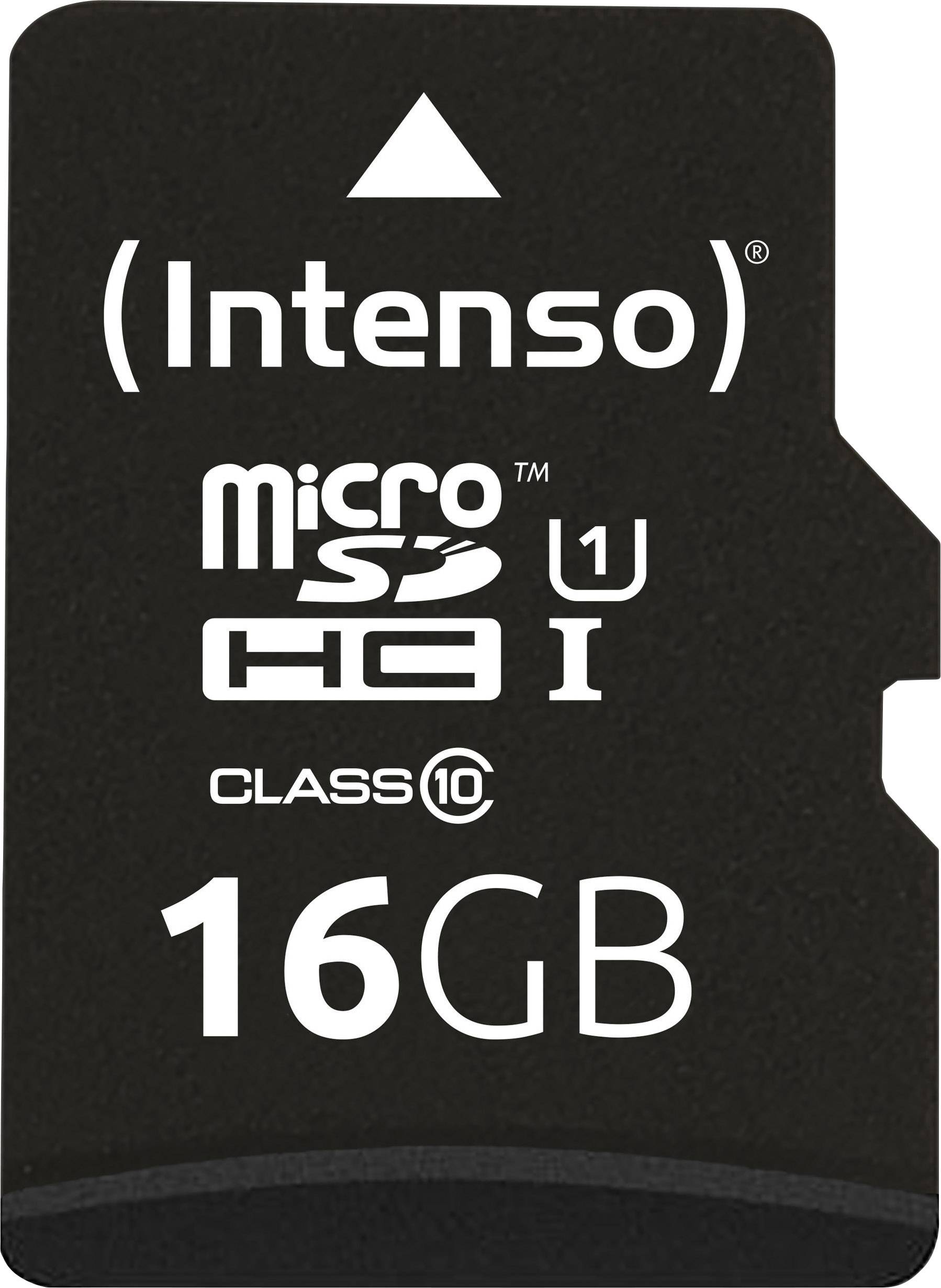 Schwarze Intenso microSDHC-kort med 16GB, klasse 10, UHS-I standard til hurtig dataoverførsel.