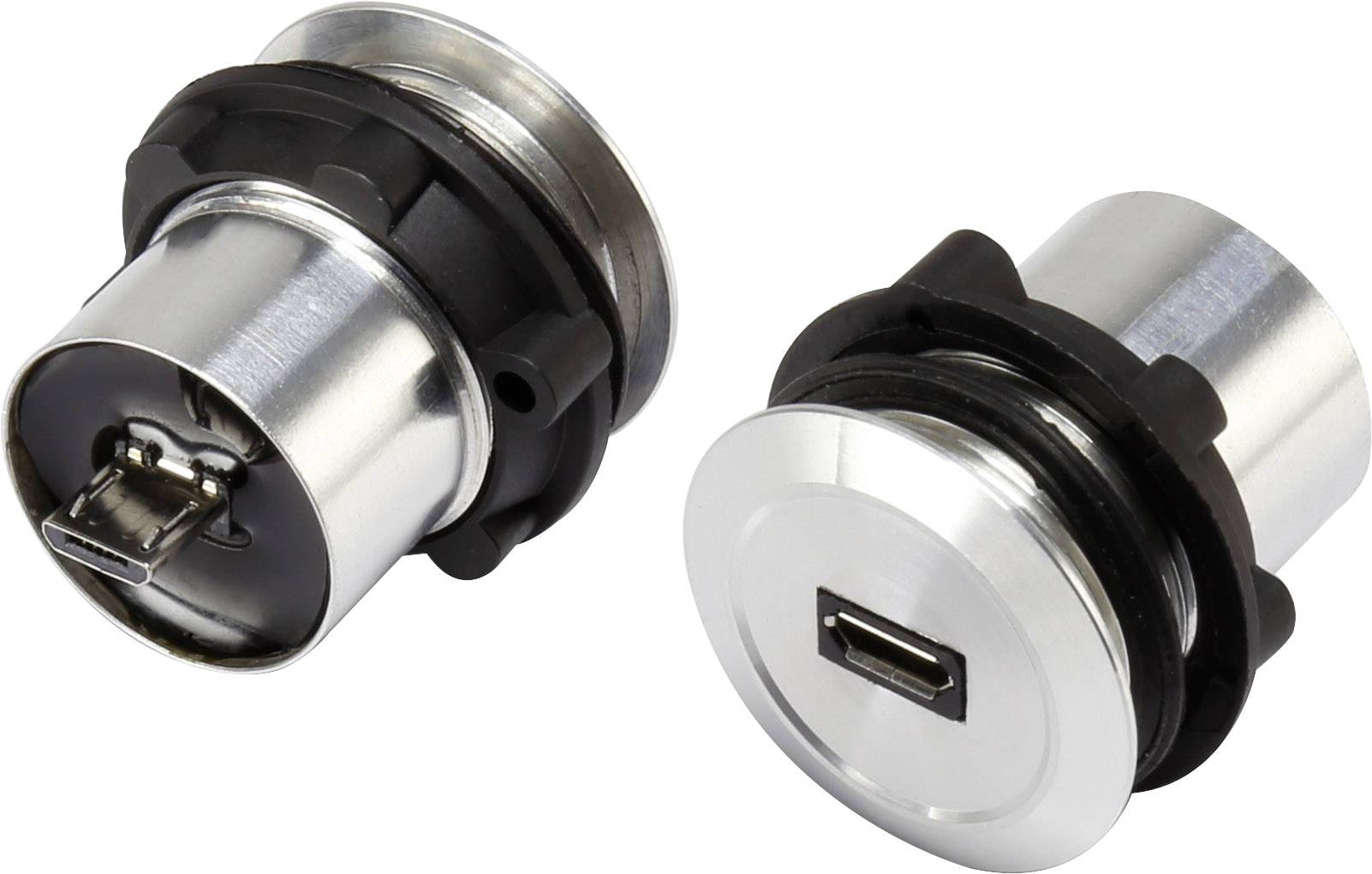 To silve USB-stik med sorte kanter, der ligger ved siden af hinanden. Et stik viser USB-stikket, det andet forsiden.