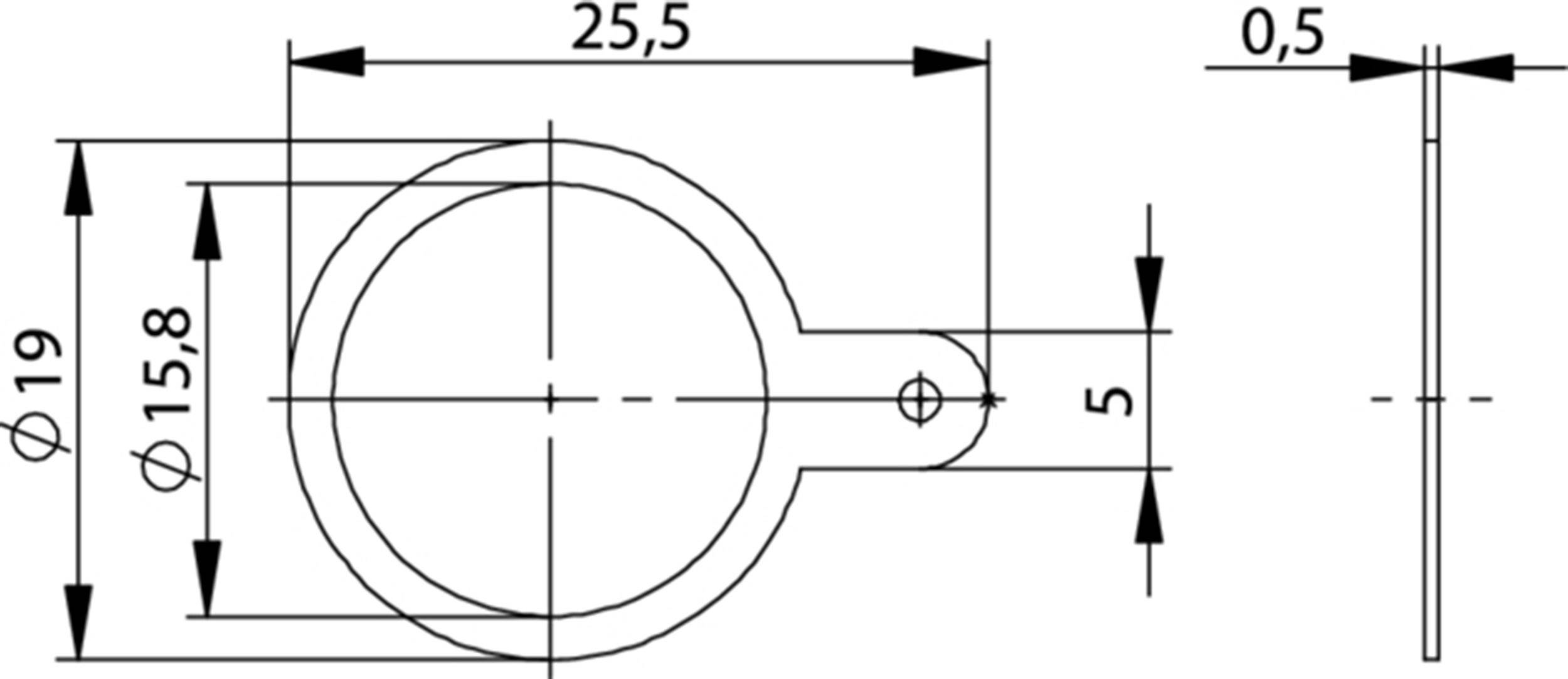Teknisk tegning af en ringformet komponent med følgende mål: diameter 19 mm, tykkelse 0,5 mm, samlet længde 25,5 mm, boring 5 mm.
