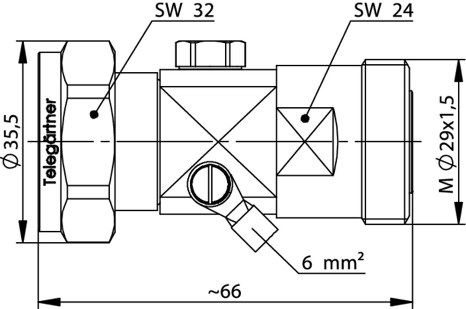 Teknisk tegning af et forbindelsesstykke med dimensioner: Bredde 35,5 mm, længde 66 mm, SW 32 og SW 24. Inklusive tilslutningsdetaljer og måleangivelser.
