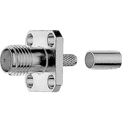 Metallisk stikforbinder med gevind og monteringsplade ved siden af en cylindrisk komponent.