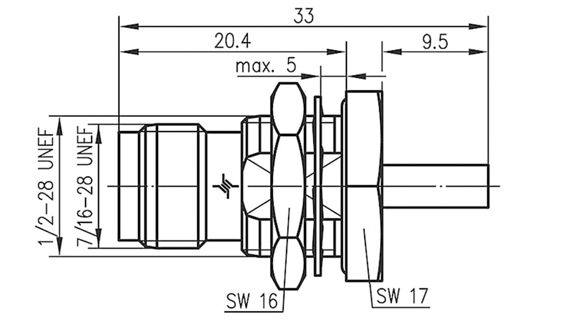 Teknisk tegning af en mekanisk komponent med dimensionsangivelser. Indeholder diameter, længder og gevindtyper.
