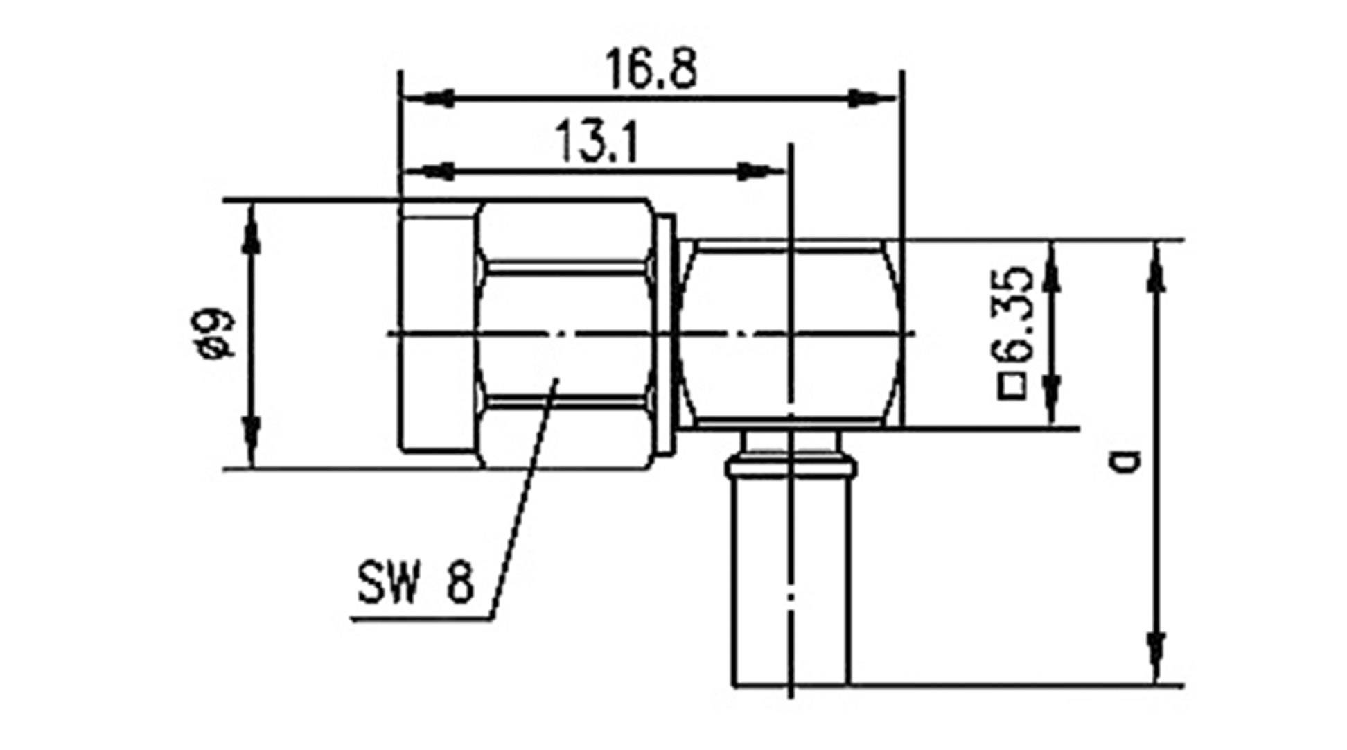 Teknisk tegning af et forbindelsesstykke med dimensioner: 16,8 mm lang, 9 mm bred, nøglevidde 8 mm, indvendig diameter 13,1 mm.