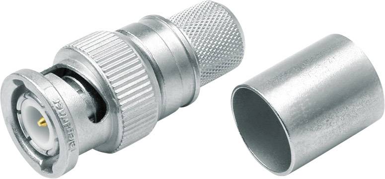Metallisk stikforbinder, adskilt i to dele: en bølget stik med gevind og en cylindrisk stikadapter.