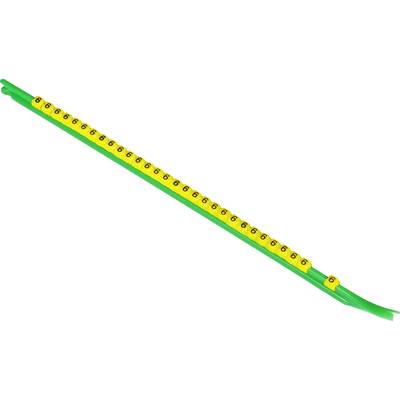 Gult kabel med nummererede markeringer fra 1 til 21 i sort skrift, fastgjort til en grøn ledning.