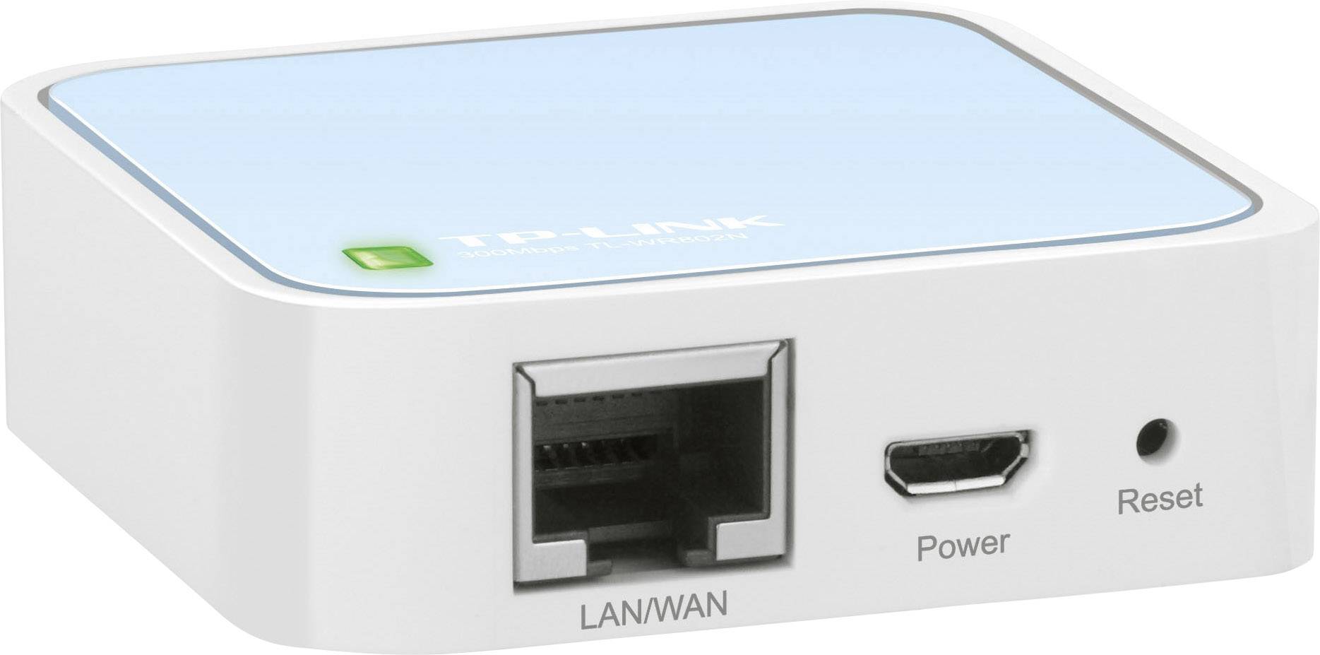 En TP-Link Mini WLAN-router med LAN/WAN-port, Micro-USB-stik til strømforsyning og Reset-knap på forsiden.