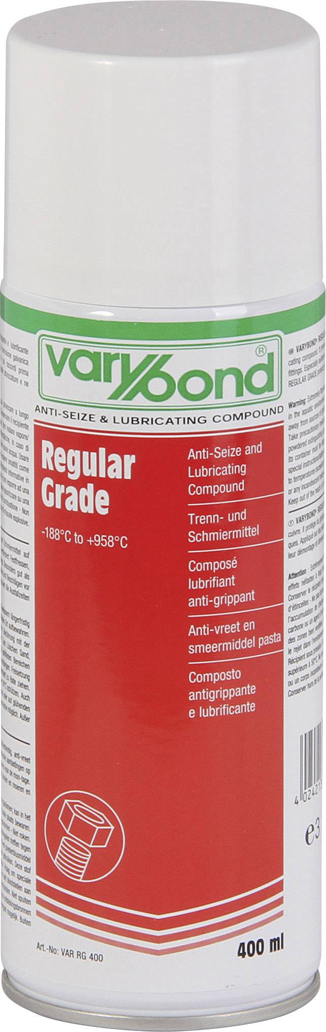 Spraydåse med påskriften 'varibond Regular Grade'. Anvendelsesområde fra -180°C til +958°C. Indeholder et anti-seize- og smøremiddel.