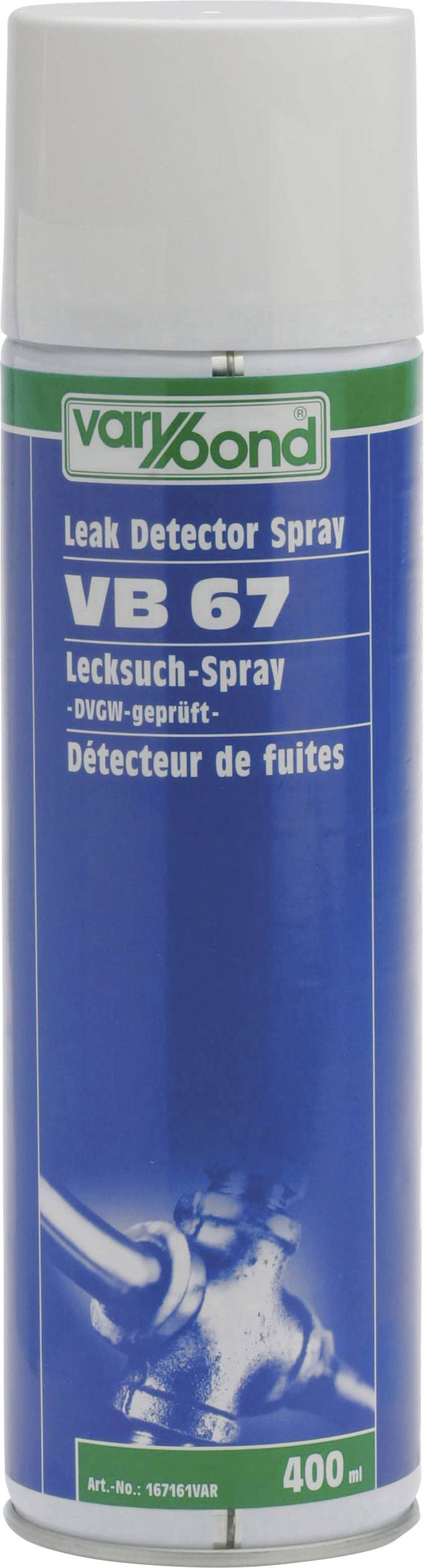 Spraydåse med påskriften 'VB 67 Lækagesøgningsspray'. Mærket er Varybond. Indeholder 400 ml og bruges til lækagesøgning.