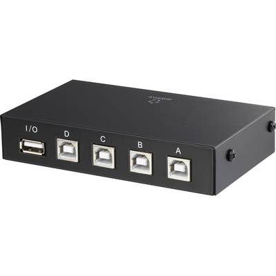 Sort enhed med fem USB-porte, mærket 'I/O', 'D', 'C', 'B', 'A' fra venstre mod højre. Bruges til dataforbindelser.