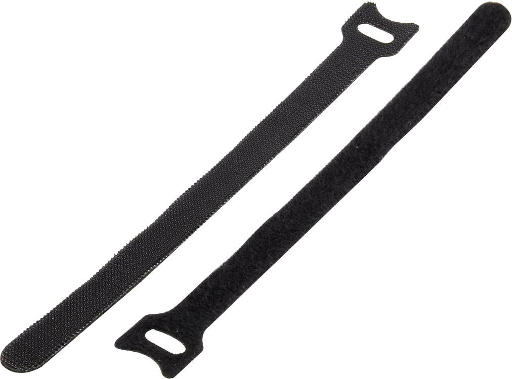 To mørke kabelbindere med velcro, én flad og lukket, den anden åben, på hvid baggrund.