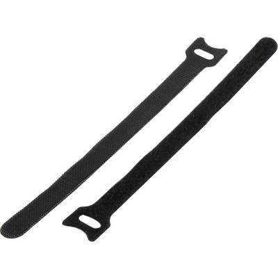 To mørke kabelbindere med velcro, én flad og lukket, den anden åben, på hvid baggrund.