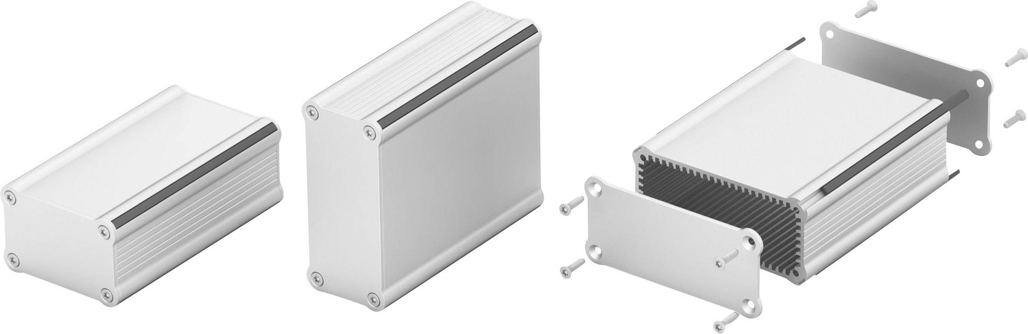 Kapsling til elektroniske komponenter, fremstillet af metal med aftagelige sidepaneler, vist i lukket og åben tilstand.