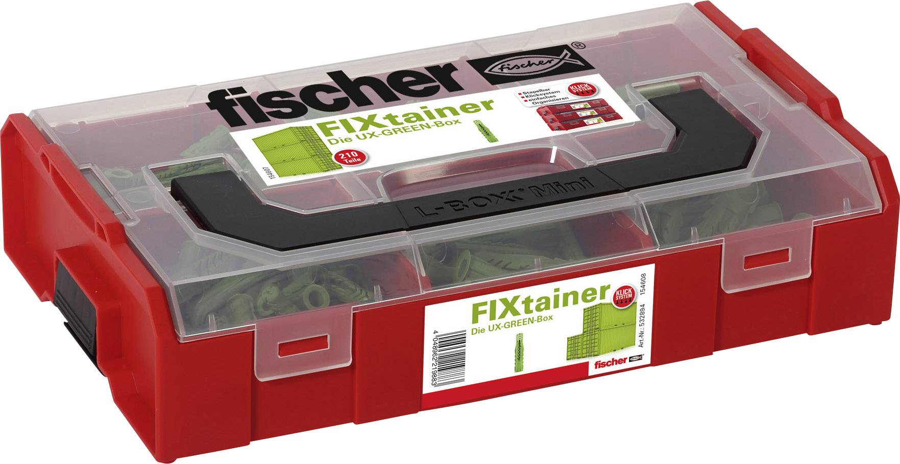 Rød værktøjskasse 'fischer FIXtainer' med gennemsigtigt låg, fyldt med grønne rawplugs.