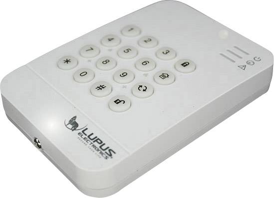 Et hvidt numerisk tastatur med cifre fra 0 til 9 samt stjerne- og firkant-symboler. Det bærer logoet fra "Lupus Electronics".