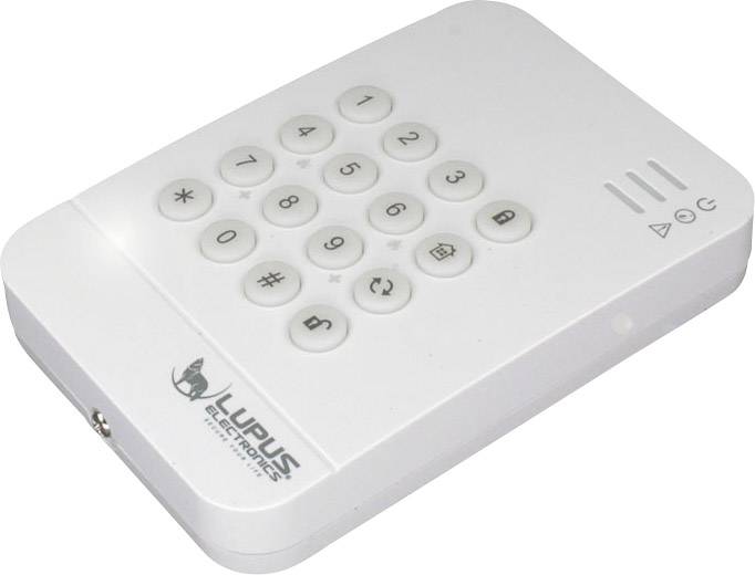 Hvid, rektangulær fjernbetjening med et tastatur; med numeriske taster fra 0-9 og symboler. Varemærke i nederste venstre hjørne.
