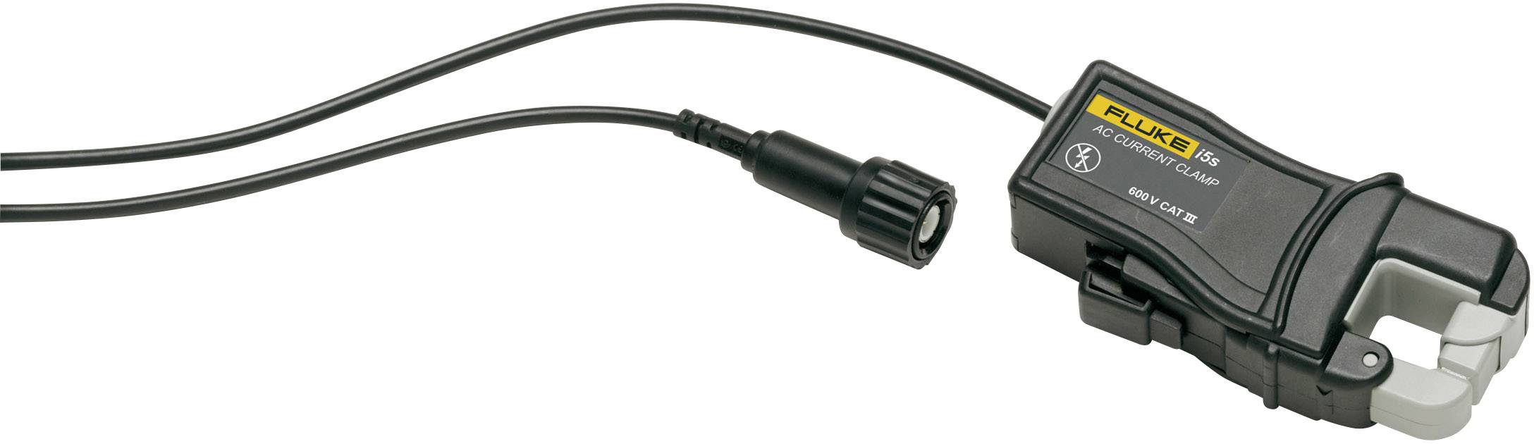 Strømmåletang med kabel, sort kabinet, mærket 'Fluke'. Designet til måling af elektriske strømme i ledninger.