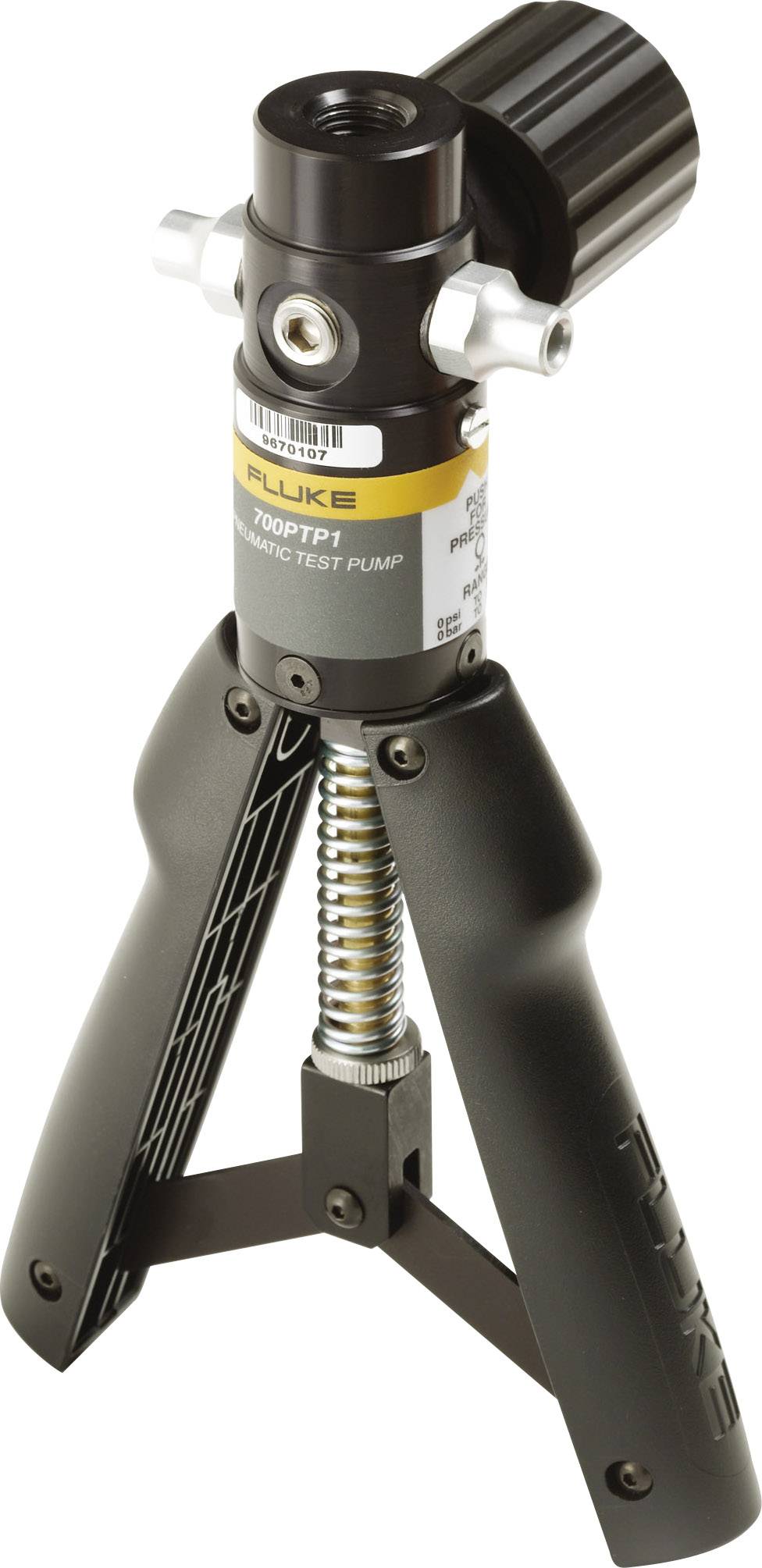 En sort håndpumpe med en trykregulator og håndtag. Mærket som 'Fluke 700PTP-1 Pneumatisk testpumpe'.