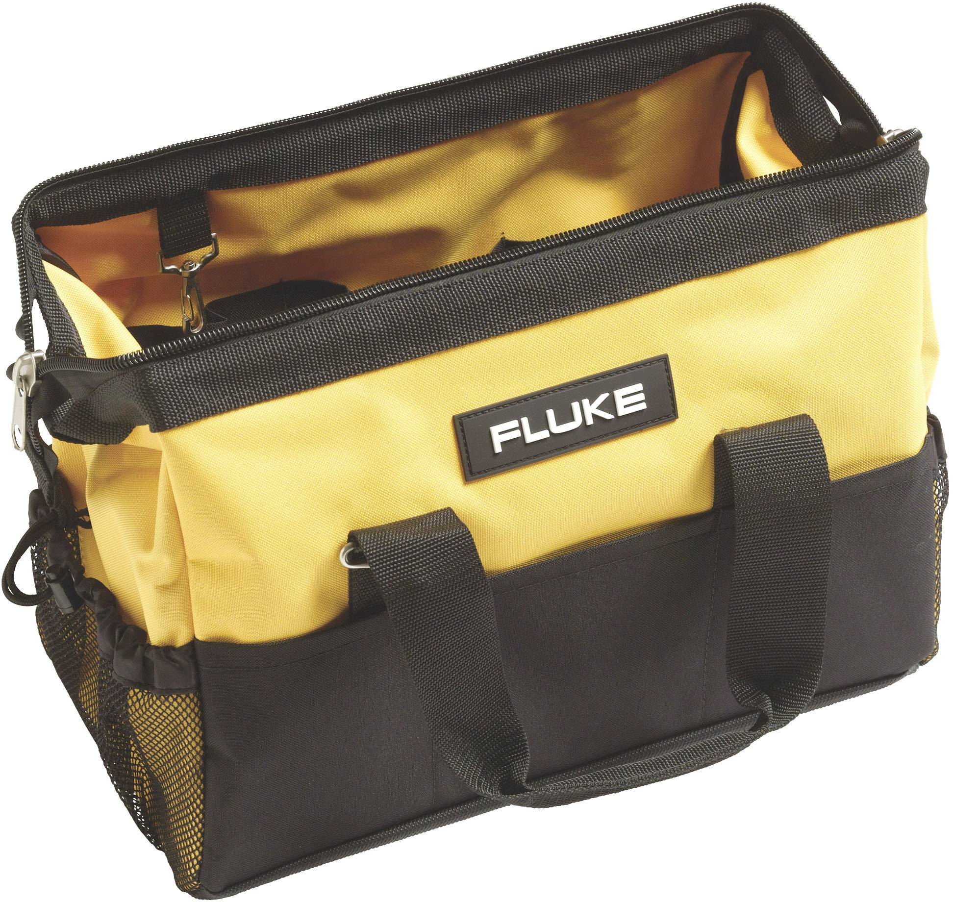 Gul-sort værktøjstaske med flere rum og forstærket bund, forsynet med 'FLUKE'-logoet. Perfekt til elektrisk værktøj.