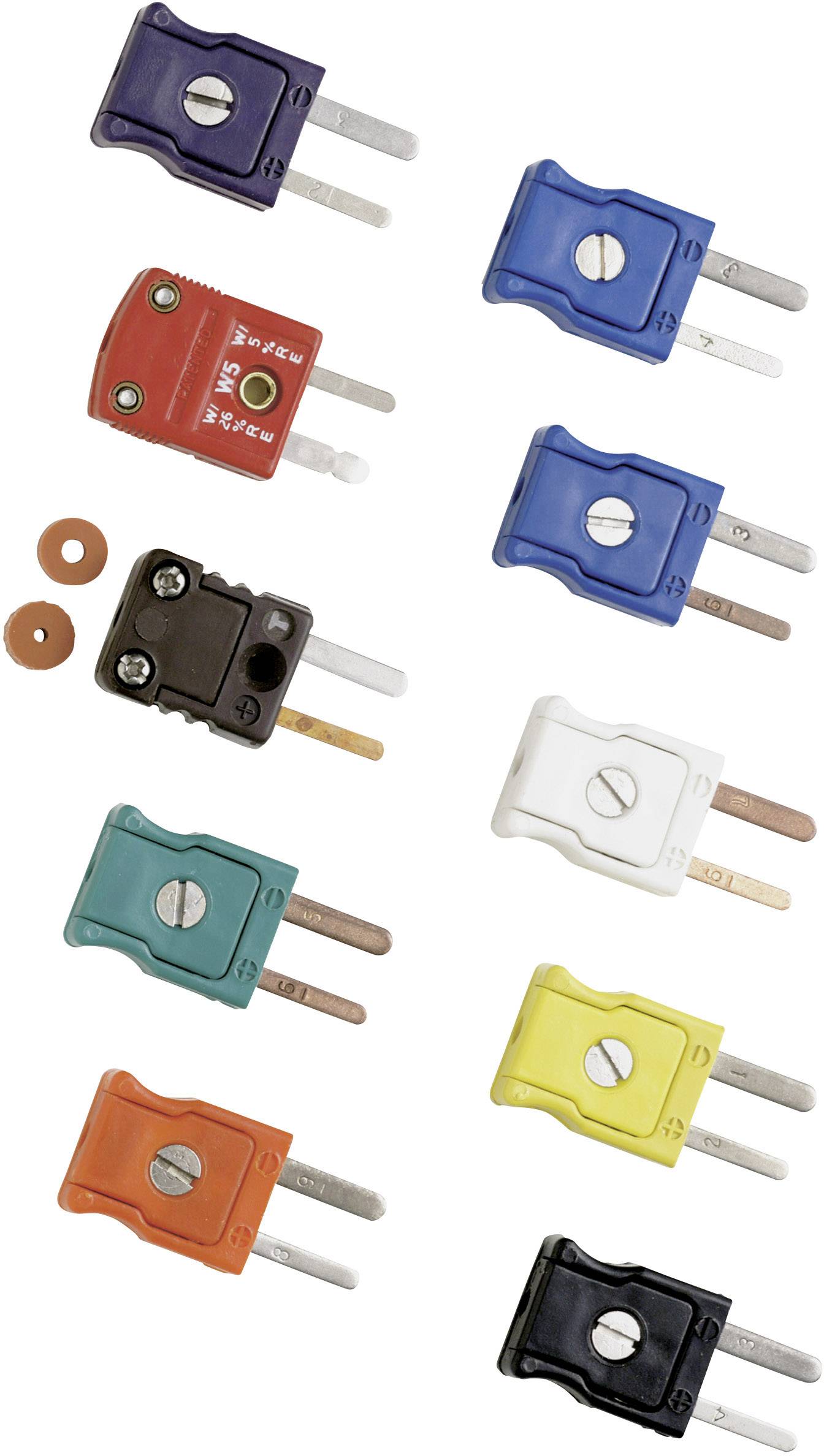 Flere sikringer i forskellige farver, former og størrelser er arrangeret på en hvid baggrund.