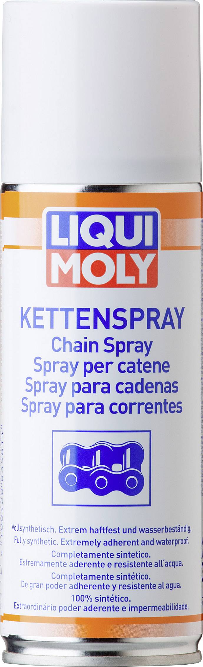 En spraydåse med påskriften 'LIQUI MOLY KÆDESPRAY'. Indeholder tekst på flere sprog og et symbol for kædesmøring.