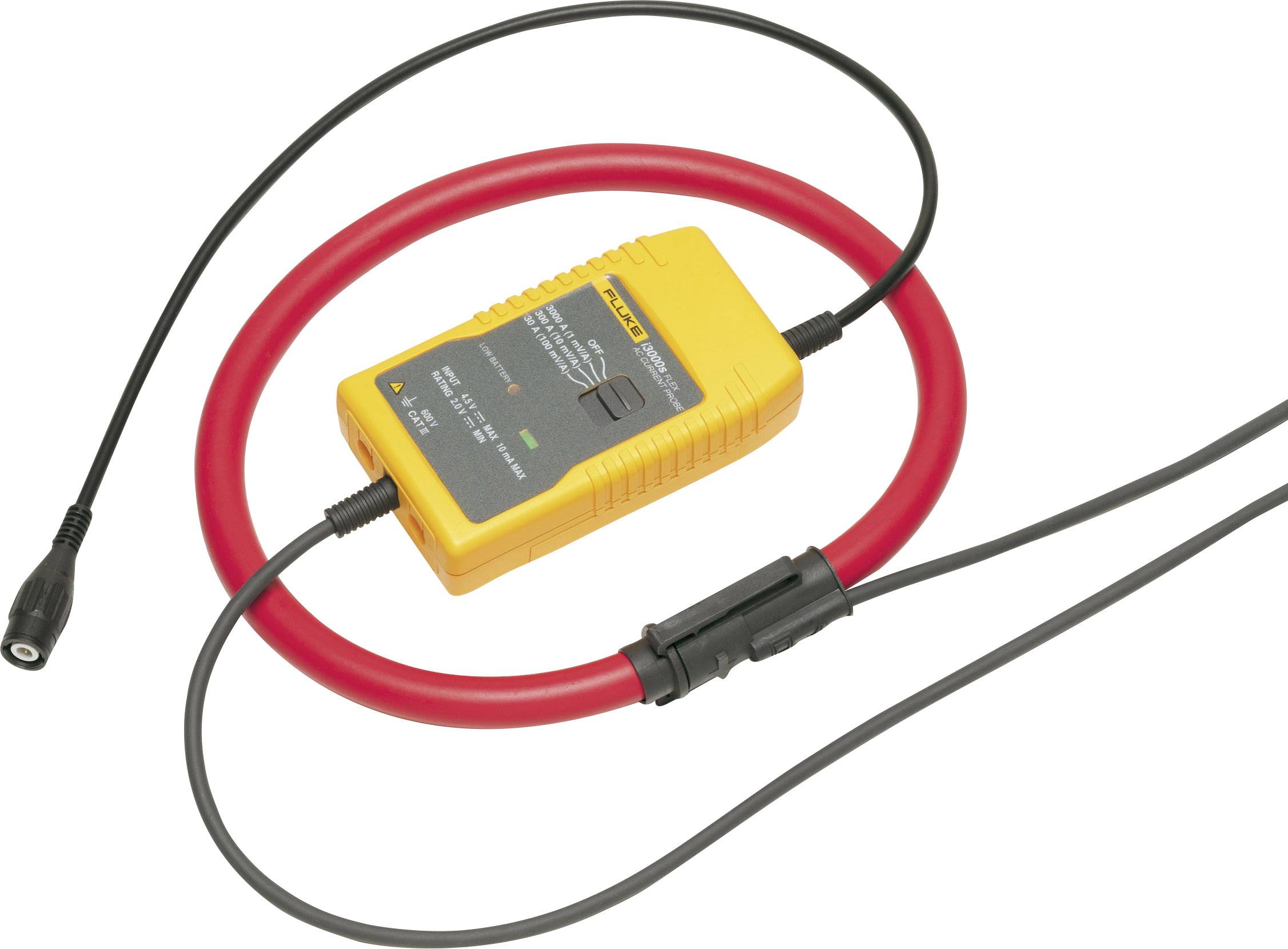 Et gult elektrisk måleapparat med et rødt kabel og sorte stik, typisk til måling af elektriske strømme.