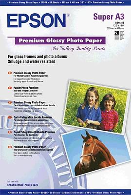 'EPSON Super A3 Premium Glossy Photo Paper emballage med billeder af natur og børn. Egnet til rammer og fotoalbum, vandafvisende.'
