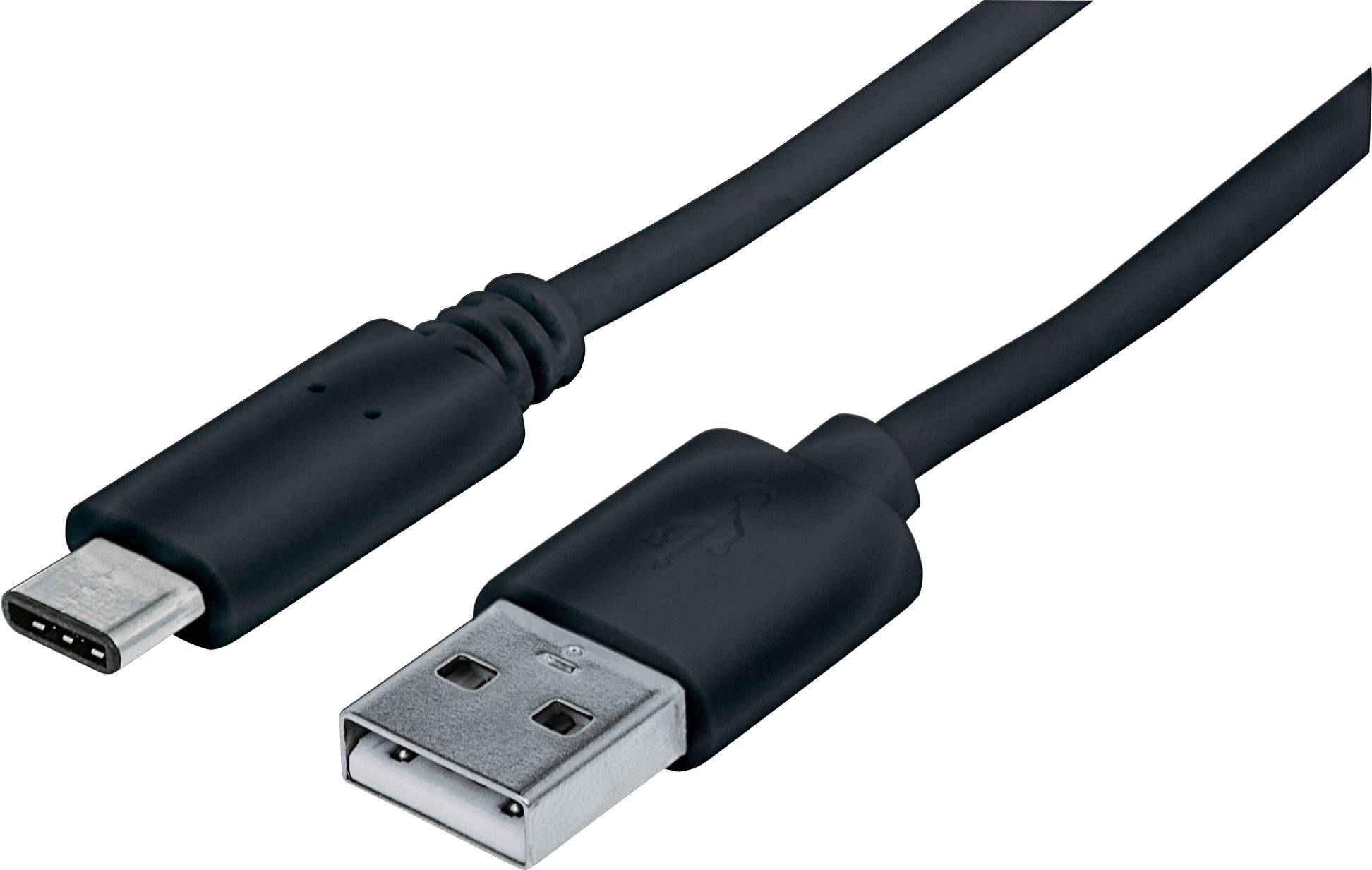 Et sort USB-kabel med en USB-C-stik på venstre side og en standard USB-A-stik på højre side.