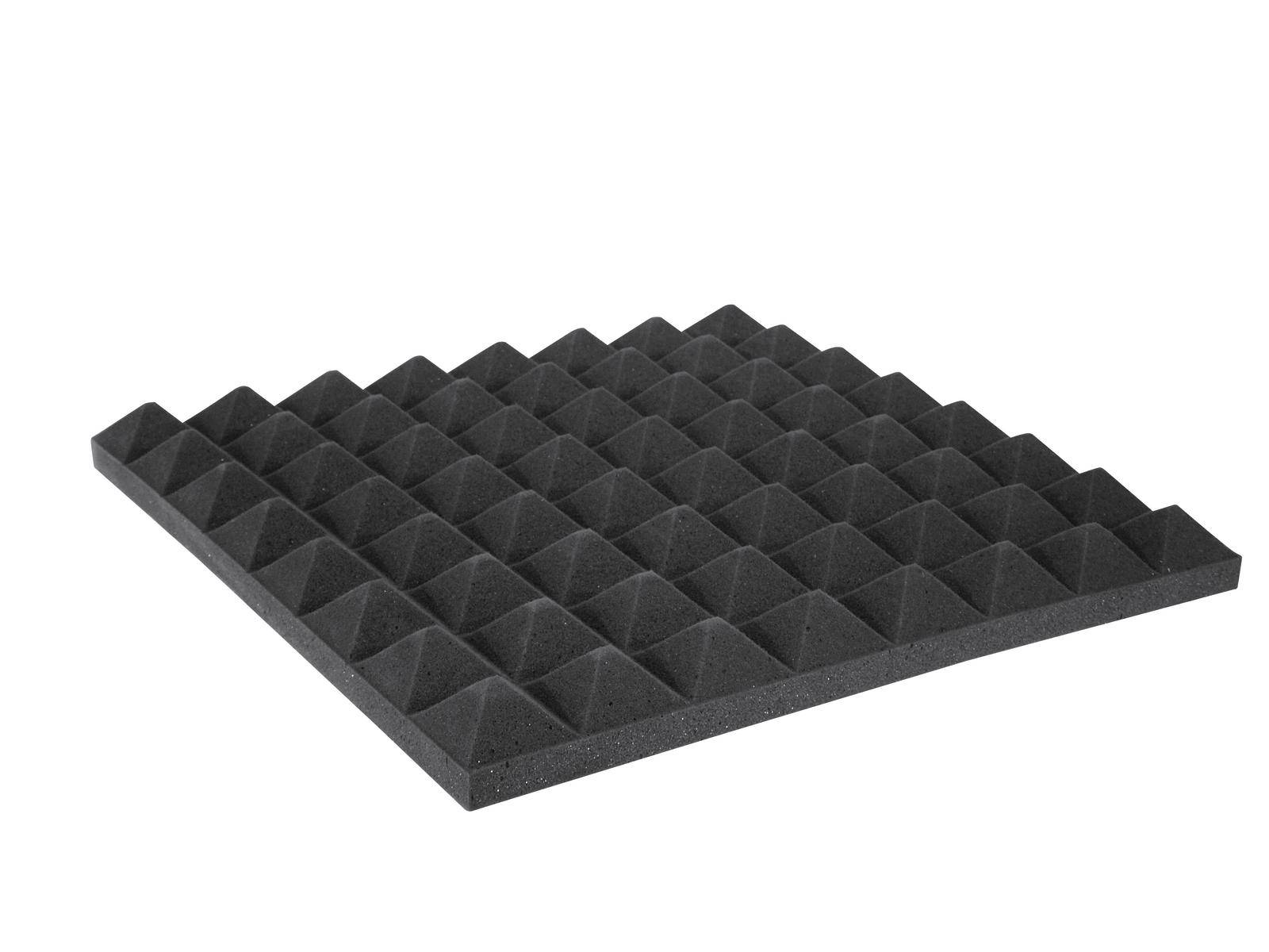 Akustisk skumplade med pyramideformet overflade til lydabsorption. Tynd, firkantet form i sort farve.
