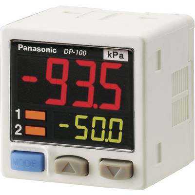Hvidt digitalt manometer fra Panasonic, model DP-100, med røde og gule LED-displays, der viser -93,5 kPa og -50,0.
