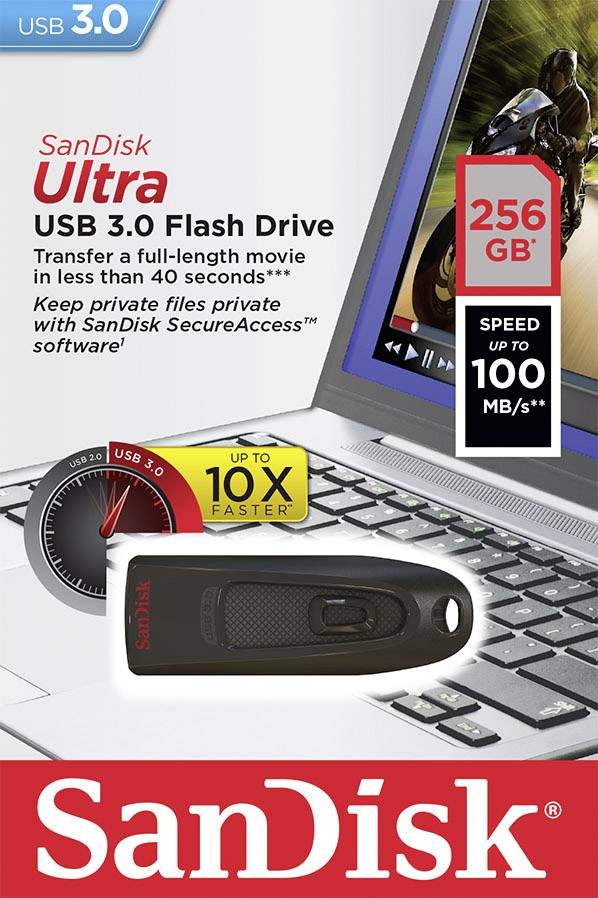 'Sandisk Ultra USB 3.0 Flashdrev, 256 GB, op til 100 MB/s. Ti gange hurtigere end USB 2.0, overførsler på mindre end 40 sekunder.'