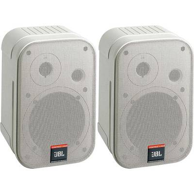 To Danish:<br><br>To hvide højttalere med JBL-logo, velegnede til professionelle lydapplikationer.