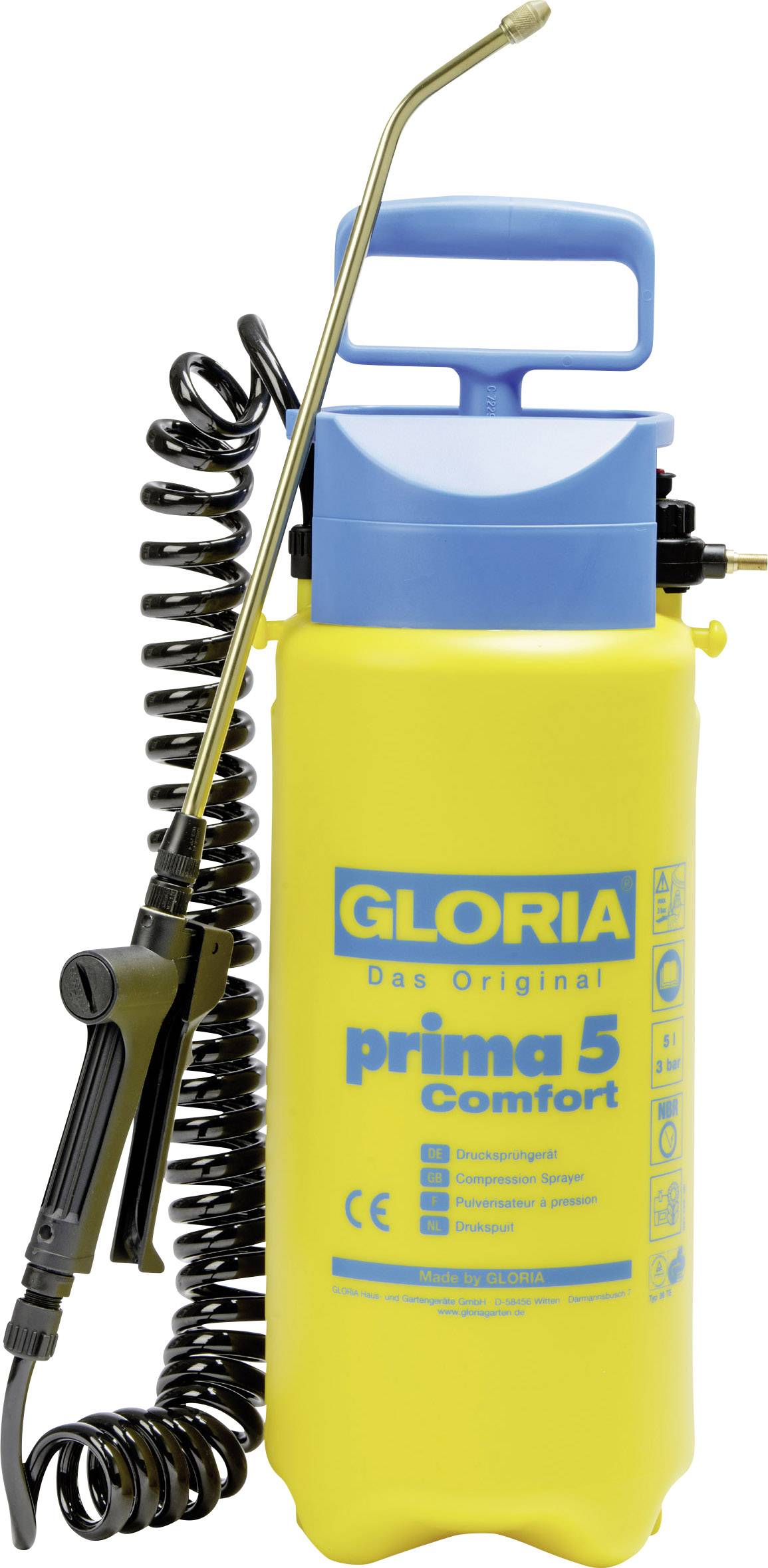En gul tryksprøjte med blå hætte og spiralslange, mærke 'Gloria', model 'prima 5 Comfort', til havearbejde.