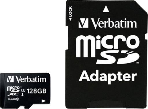 To mikrolagringsprodukter: Til venstre et sort Verbatim microSD-kort på 128 GB; til højre en matchende adapter med påtrykt 'MicroSD Adapter'.
